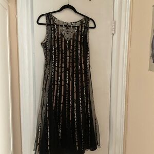 Sandra Darren Black Sheer Overlay Midi Dress with Nude Underlayer